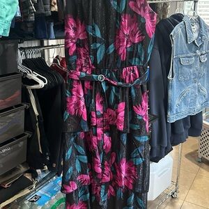 Floral Tiered Maxi Dress - Black with Fuchsia & Teal Floral Print